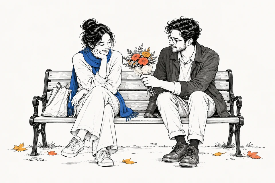 黑白线描中的两人分享一束橙色鲜花，点缀蓝色围巾