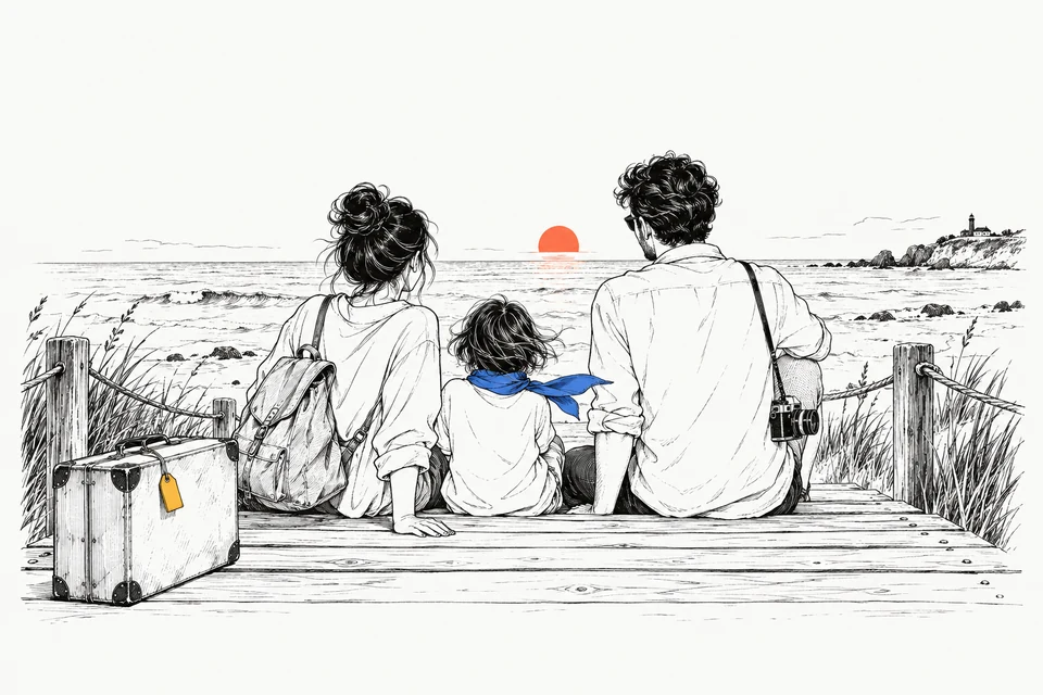 一家三口在海边珍藏旅行时光，黑白画面点缀橙色落日与蓝色围巾
